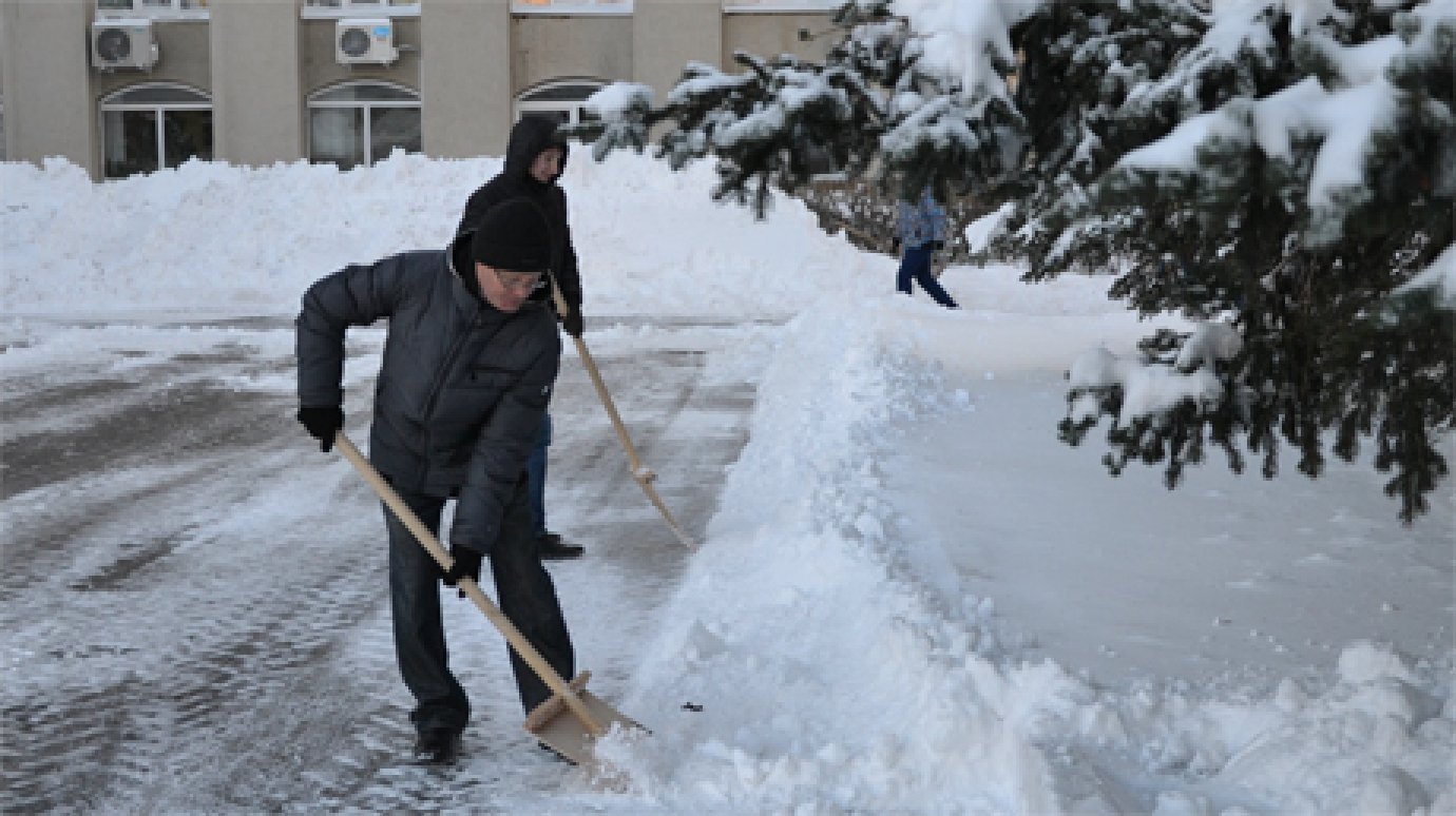 Сотрудники пензенской мэрии перед работой занялись уборкой снега