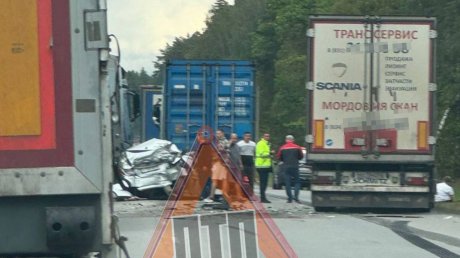 Очередное ДТП с фурами: на М-5 в колонне большегрузов смяло Hyundai