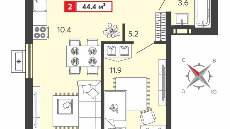 ЖК «Радужные дворы»: 2-комнатная квартира за 16 400 рублей в месяц