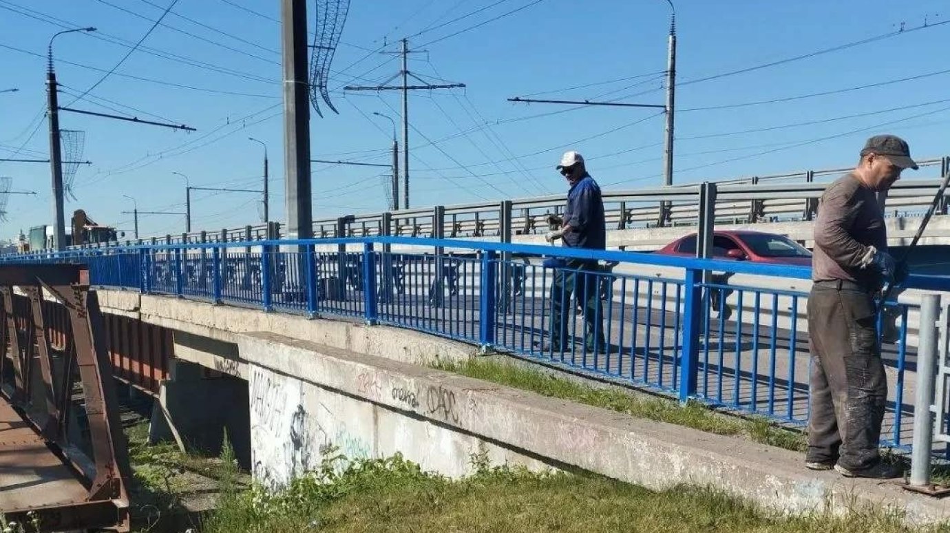 Ограждения путепровода и моста в Терновке красят в ярко-синий