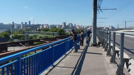 Ограждения путепровода и моста в Терновке красят в ярко-синий